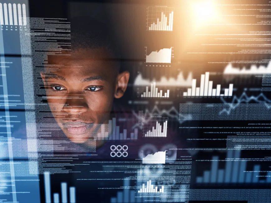 A person's face with graphs and charts superimposed